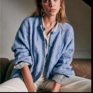 Sézane Sweater Phoebe Jumper Pointelle Cardigan Blue Storm - M